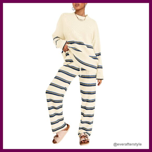 Striped Knit Sweater Set Oversized Loungewear Two Piece Comfy Chic